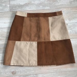 Brown A-Line Patchwork Quilted Suede Preppy Skirt